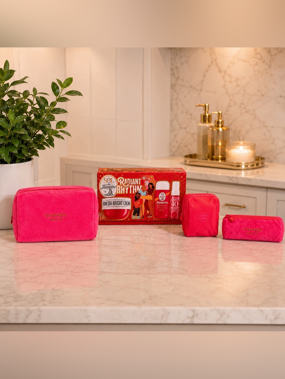 CHANEL BEAUTÉ 3PC Pink Coral Cosmetic Bag Set + Sol de Janeiro Limited Edition